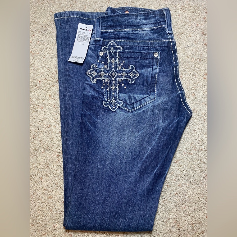 Buckle Dark Blue Boot Cut Jeans with Cross Embroidery
